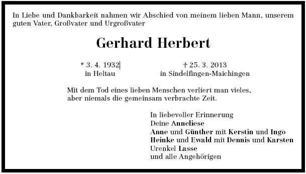 Herbert Gerhard 1932-2013 Todesanzeige